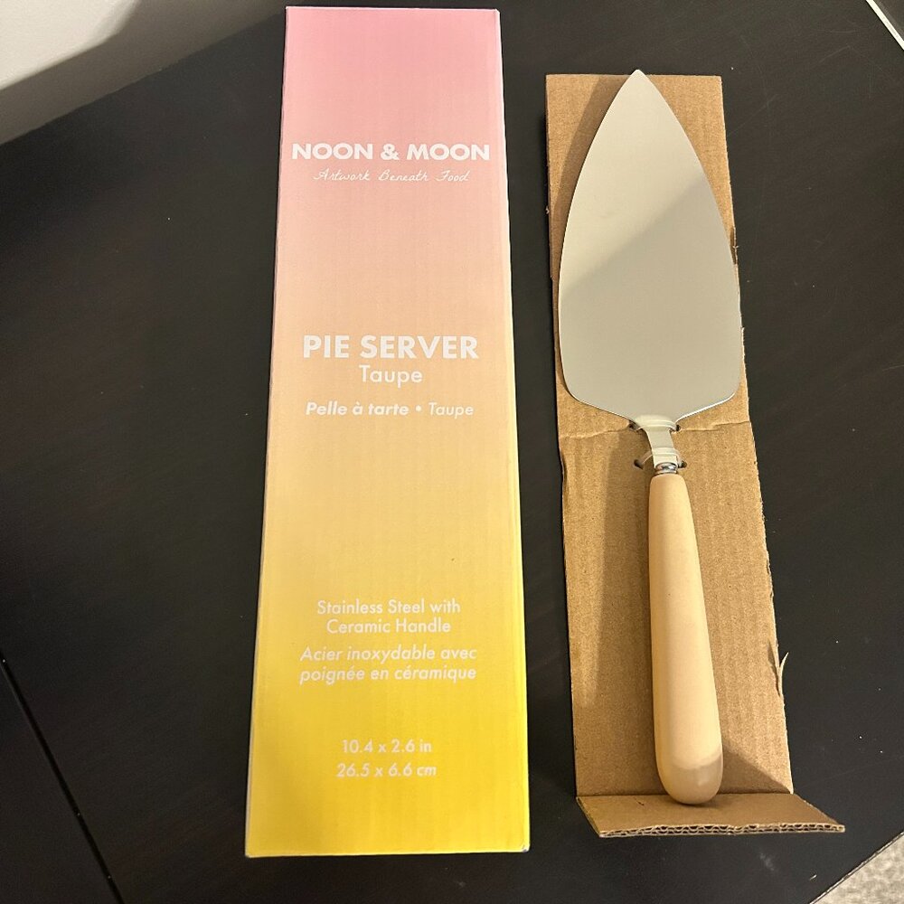 NIB Noon & Moon Pie Server Stainless Steel with Taupe Ceramic Handle New